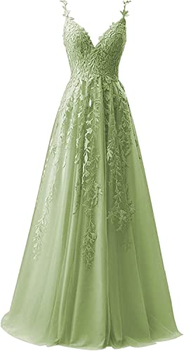 Damen Spitze Applikationen Ballkleid A-Linie V-Ausschnitt Formelle Abendkleider Tüll Spaghetti Träger Formales Partykleid(Grasgrün,38) von QSICO