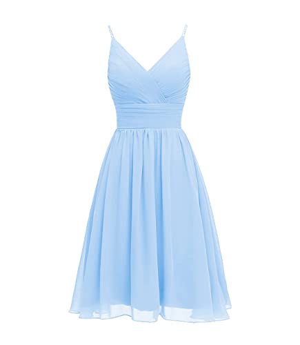 Kurze Brautjungfernkleider für Damen mit V-Ausschnitt für Hochzeit Chiffon Abschlussballkleid Spaghettiträger A-Linie Partykleid(Hellblau,42) von QSICO