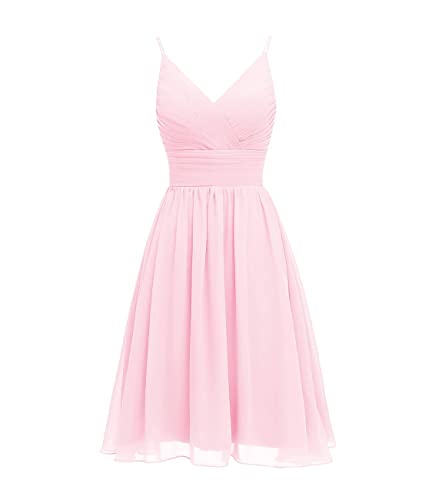 Kurze Brautjungfernkleider für Damen mit V-Ausschnitt für Hochzeit Chiffon Abschlussballkleid Spaghettiträger A-Linie Partykleid(Rosa,32) von QSICO