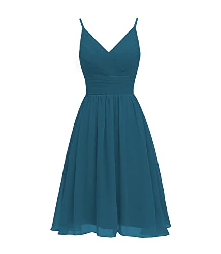 Kurze Brautjungfernkleider für Damen mit V-Ausschnitt für Hochzeit Chiffon Abschlussballkleid Spaghettiträger A-Linie Partykleid(Teal,32) von QSICO