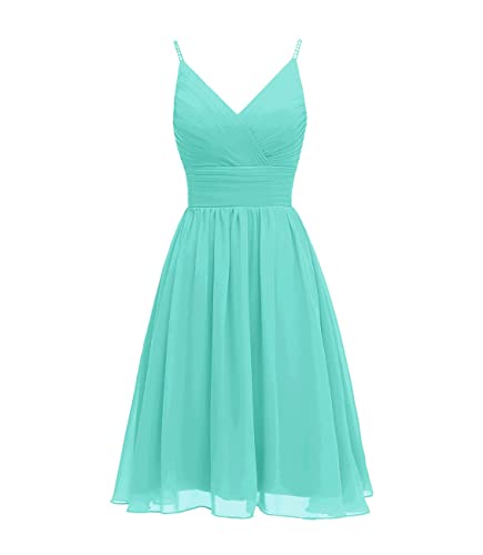 Kurze Brautjungfernkleider für Damen mit V-Ausschnitt für Hochzeit Chiffon Abschlussballkleid Spaghettiträger A-Linie Partykleid(Türkis,36) von QSICO