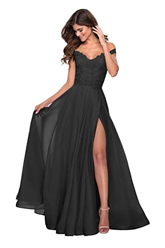 QSICO Damen Off The Shoulder Ballkleider Seitenschlitz Spitze Applikation Abendkleider Lange Chiffon V-Ausschnitt Formelle Party Kleider(Schwarz,40) von QSICO