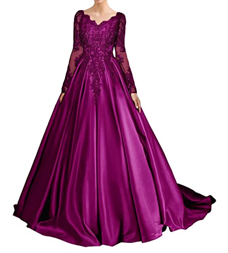 QSICO Damen Satin Abendkleider Langarm Spitze Applique Ballkleider V-Ausschnitt Formales Kleid Hochzeitsgast(Fuchsie,52) von QSICO