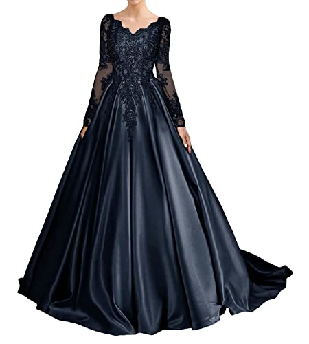 QSICO Damen Satin Abendkleider Langarm Spitze Applique Ballkleider V-Ausschnitt Formales Kleid Hochzeitsgast(Navy Blau,40) von QSICO