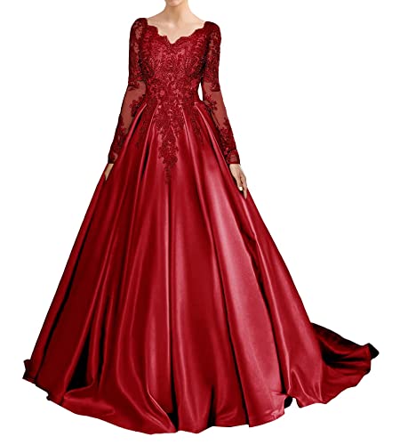 QSICO Damen Satin Abendkleider Langarm Spitze Applique Ballkleider V-Ausschnitt Formales Kleid Hochzeitsgast(Rot,52) von QSICO