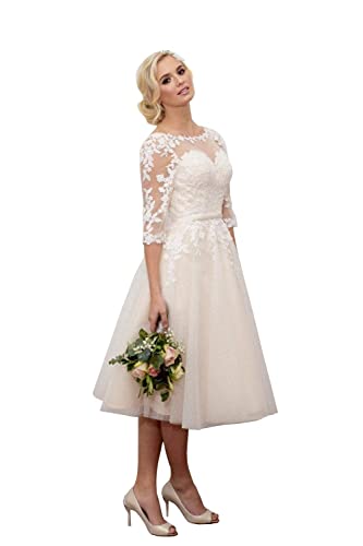 QSICO Damen Spitze Brautkleider Kurz Hochzeitskleid Appliques Standesamt Brautmode Brautkleider(Elfenbein 01,312) von QSICO