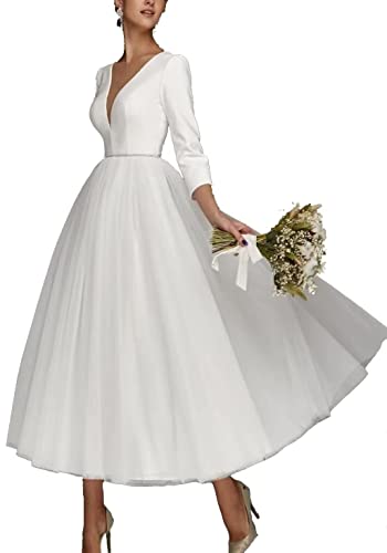 QSICO Damen Spitze Brautkleider Kurz Hochzeitskleid Appliques Standesamt Brautmode Brautkleider(Elfenbein 01,330) von QSICO