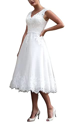 QSICO Damen Spitze Brautkleider Kurz Hochzeitskleid Appliques Standesamt Brautmode Brautkleider(Elfenbein 01,422) von QSICO