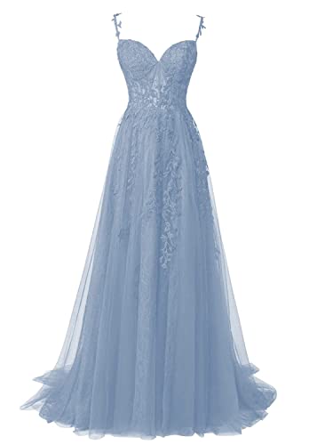 QSICO Damen Tüll Abendkleider Elegant Spitze Appliques Ballkleider Lange Split Formeller Abschlusskleid(Dusty Blau,36) von QSICO