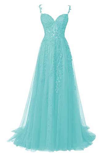 QSICO Damen Tüll Abendkleider Elegant Spitze Appliques Ballkleider Lange Split Formeller Abschlusskleid(Türkis,40) von QSICO