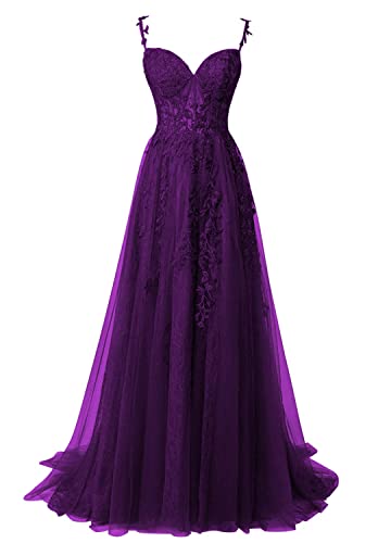 QSICO Damen Tüll Abendkleider Elegant Spitze Appliques Ballkleider Lange Split Formeller Abschlusskleid(Violett,40) von QSICO