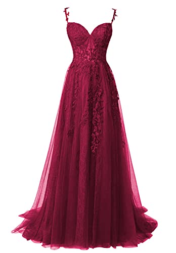 QSICO Damen Tüll Abendkleider Elegant Spitze Appliques Ballkleider Lange Split Formeller Abschlusskleid(Weinrot,46) von QSICO