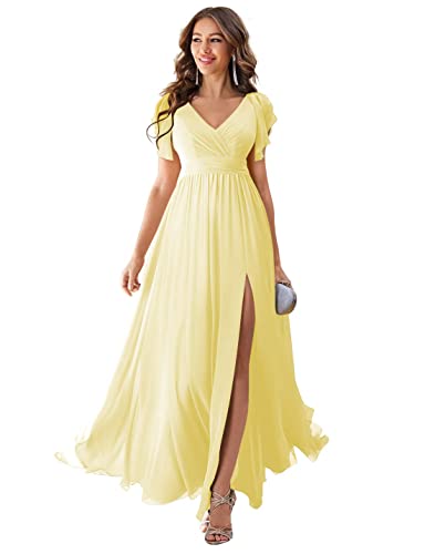 QSICO Damen V-Ausschnitt Brautjungfernkleider Chiffon Abendkleider Kurzarm Lang High Slit Plissee Formelles Partykleid(Gelb,40) von QSICO