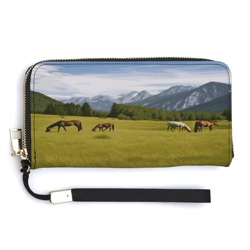 QSKDLAC RFID-Geldbörse für Damen, personalisierbar, Schnee-Eule, lang, Clutch, Kartenetui, für Damen und Herren, Bergweide Weidepferde, 20.0*10.5cm, Modern von QSKDLAC