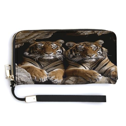 QSKDLAC RFID-Geldbörse für Damen, personalisierbar, Weihnachten, Schneemann, lang, Clutch, Kartenetui für Damen und Herren, Tiger in Höhle, 20.0*10.5cm, Modern von QSKDLAC