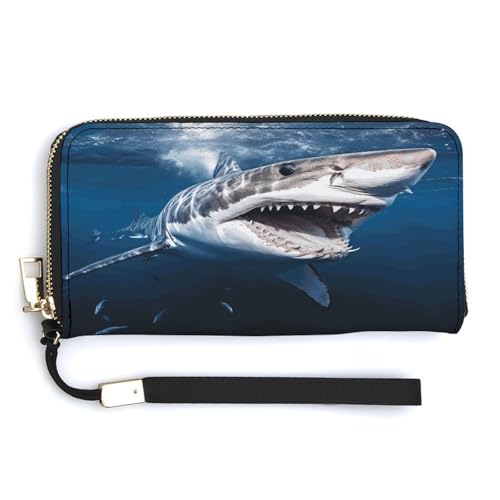QSKDLAC RFID-Geldbörse für Damen, personalisierbar, großer weißer Hai, öffnet den Mund, lang, Clutch, Kartenetui für Damen und Herren, Weißer Hai öffnet den Mund, 20.0*10.5cm, Modern von QSKDLAC