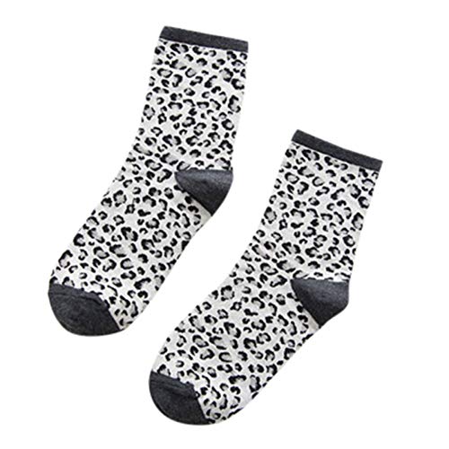 QSMIANA Socken Damen 5 Paaree Dame Baumwollsocken Leopardenmuster Mittlere Fass Retro Atmungsaktive Damen Stapelsocken Frauen Winter Warm Leoparden Socke von QSMIANA