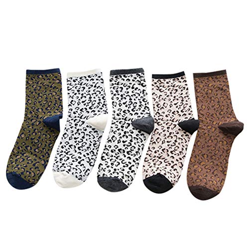 QSMIANA Socken Damen 5 Paaree Dame Baumwollsocken Leopardenmuster Mittlere Fass Retro Atmungsaktive Damen Stapelsocken Frauen Winter Warm Leoparden Socke von QSMIANA