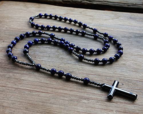 QSYJCCXD 6 mm Lapis Lazuli Steinperlen Hämatitkreuz Anhänger für Männer Frauen Rosenkranzkreuz Anhänger Halskette QSYJCCXD 6 mm Lapis Lazuli Steinperlen Hämatitkreuz Anhänger für Männer Frauen Rosenkranzkreuz Anhänger Halskette von QSYJCCXD