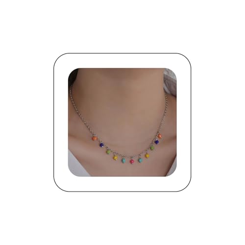QSYJCCXD Boho Regenbogenperlen Halskette Vintage Perle Quastel Kette Halskette Harzharz Perlen Anhänger Halskette Einstellbare farbenfrohe Samenperlen Halskette Schmuck für Frauen von QSYJCCXD