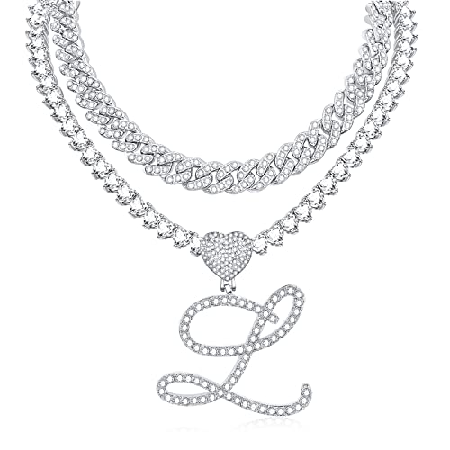QSYJCCXD Kursive anfängliche Anhänger Halskette für Frauen Miami Cuban Link Chain Layered Heart Form Diamant Out Kette Anhänger Halskette Hip Hop Juwely Geschenk 2pcs Ketten, Metall, Kubik QSYJCCXD Kursive anfängliche Anhänger Halskette für Frauen Miami Cuban Link Chain Layered Heart Form Diamant Out Kette Anhänger Halskette Hip Hop Juwely Geschenk 2pcs Ketten, Metall, Kubik von QSYJCCXD