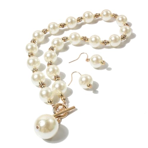 QSYJCCXD Simulierte Perle Halshalskette Drop Dangle Ohrringe Kristall großer Lätzchen Big Round Perlen Strang Multicolor Brides Kostüm aus 1920er Jahren Hochzeit Schmuck Set für Frauen-White von QSYJCCXD