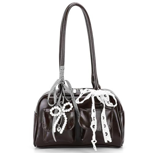 QSYJCCXD Y2K -Umhängetasche für Frauen Knoten -Unterarm -Beutel PU Leder mit innerer Taschen Bowling -Tasche Reißverschluss für Arbeitsreisen von QSYJCCXD