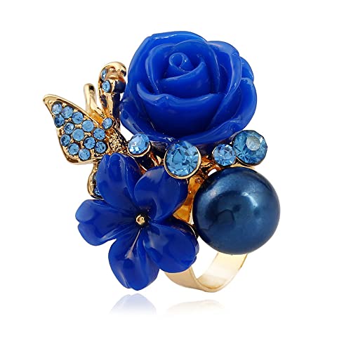 Rose Blume Ehering für Frauen Statement Verlobung Runde Rhinstone Kristall aryklischer Gänseblümchen Plumeria Verstellbare Open Wrap Finger Ringe Komfort Fit Cocktail Party Valentinstag Schmuck von QSYJCCXD