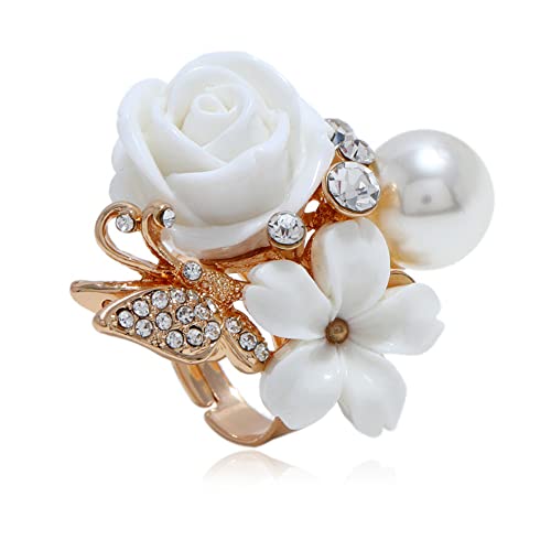 Rose Blume Ehering für Frauen Statement Verlobung Runde Rhinstone Kristall aryklischer Gänseblümchen Plumeria Verstellbare Open Wrap Finger Ringe Komfort Fit Cocktail Party Valentinstag Schmuck von QSYJCCXD