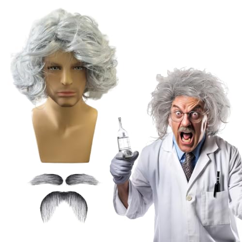 QSZHSL 3 Stück Graue Perücken Set mit Bart Verrückte Wissenschaftler Kostüm Perücke Männer, Opa Perücken, Wissenschaftler Professor Perücke Verkleidungs Perücke für Party Cosplay Halloween (3 Stück) von QSZHSL