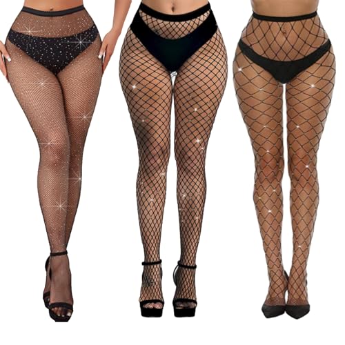 QSZHSL 3 Stück Strass Netzstrümpfe Netzstrumpfhosen, Schwarz Strumpfhose mit Hoher Taille, Damen Netzstrumpfhosen, Netzstrumpfhose Glitzer, Sexy Hohe Strümpfe Strumpfhosen Netzstrumpfhosen von QSZHSL