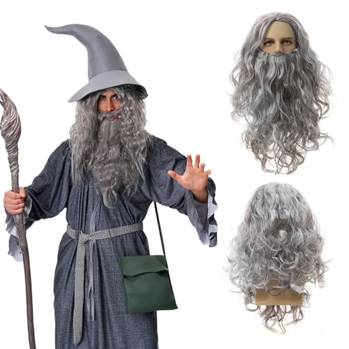 QSZHSL Grau Zauberer Perücke und Lang Bart Halloween Kostüm Perücken, Zauberer Perücke in dunkelgrau im Set mit dunkelgrauem Bart, Magier Hexer Perücke für Halloween Fasching Karneval Hippie Perücke von QSZHSL