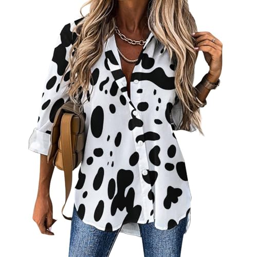 QTAVETEND Damen-Langarm-Shirt, V-Ausschnitt, Knopfleiste, schwarz-weißes Dalmatiner-Arbeits-Bluse, Tops, Stil:, 4XL von QTAVETEND