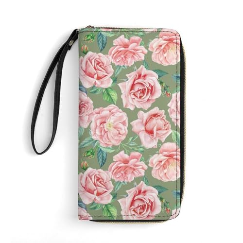 QTAVETEND Lange Damen-Geldbörse aus PU-Leder, Aquarell-Blumenmuster von Rose, mehrere Kartenfächer mit Handgelenk, Stil:, 19.7x10.5cm von QTAVETEND