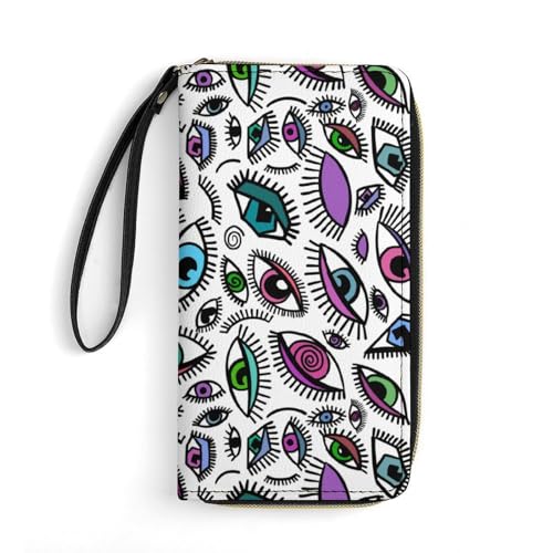 QTAVETEND Lange Damen-Geldbörse aus PU-Leder, handgezeichnete Augen, mehrere Kartenfächer, mit Handgelenk, Stil:, 19.7x10.5cm von QTAVETEND