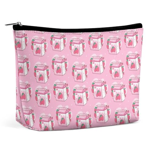 Trapez-Make-up-Tasche für Damen, Kosmetiktasche, Karton mit leckeren Erdbeermilch, Reise-Make-up-Organizer mit Reißverschluss, Stil:, Einheitsgröße von QTAVETEND