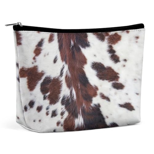 Trapez-Make-up-Tasche für Damen, Longhorn, weißes Rindsleder, schwarz mit braunen Punkten, Reise-Make-up-Organizer mit Reißverschluss, Stil:, Einheitsgröße von QTAVETEND