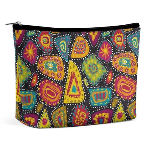 Trapez-Make-up-Tasche für Damen, handgezeichnet, bunt, Tribal-Stil, Reise-Make-up-Organizer mit Reißverschluss, Stil:, Einheitsgröße von QTAVETEND