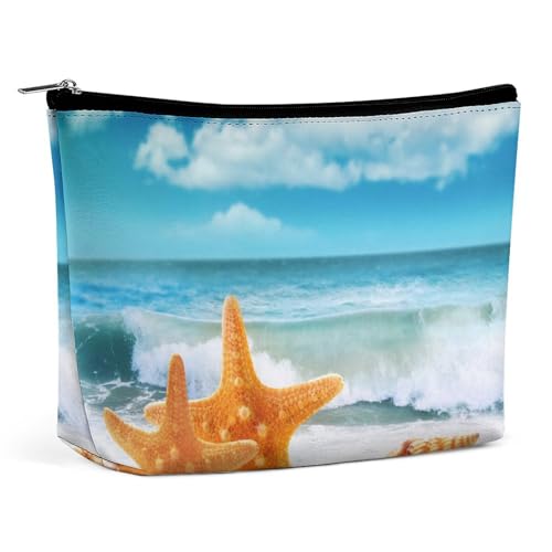 Trapez-Make-up-Tasche für Damen, mit Muscheln und Seestern am Strand, Reise-Make-up-Organizer mit Reißverschluss, Stil:, Einheitsgröße von QTAVETEND