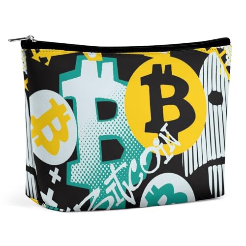 Trapezförmige Make-up-Tasche für Damen, Bitcoin-Symbol mit Pinselstrichen, Reise-Make-up-Organizer mit Reißverschluss, Stil:, Einheitsgröße von QTAVETEND
