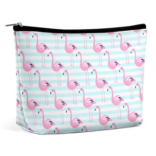 Trapezförmige Make-up-Tasche für Damen, Kosmetiktasche, Flamingo-Vogel, blauer Streifen, Reise-Make-up-Organizer mit Reißverschluss, Stil:, Einheitsgröße von QTAVETEND