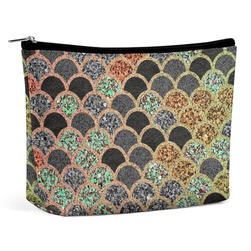 Trapezförmige Make-up-Tasche für Damen, Kosmetiktasche, Glitzer, Meerjungfrau, Fischhaut, Reise-Make-up-Organizer mit Reißverschluss, Stil:, Einheitsgröße von QTAVETEND