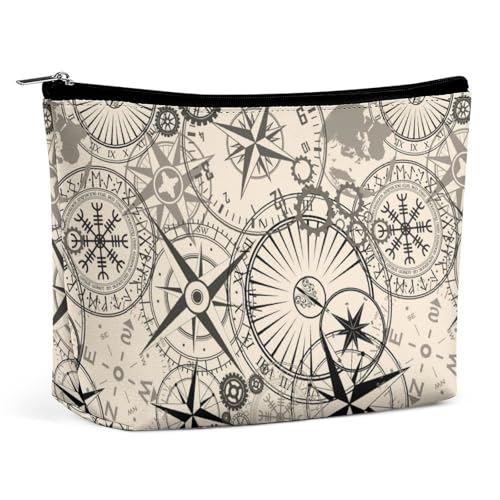 Trapezförmige Make-up-Tasche für Damen, Kosmetiktasche, Kompass-Symbole, Silhouetten, Reise-Make-up-Organizer mit Reißverschluss, Schwarz, Stil:, Einheitsgröße von QTAVETEND