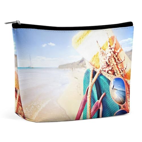 Trapezförmige Make-up-Tasche für Damen, Kosmetiktasche, Nahaufnahme des Sommers, Strand-Thema, Reise-Make-up-Organizer mit Reißverschluss, Stil:, Einheitsgröße von QTAVETEND