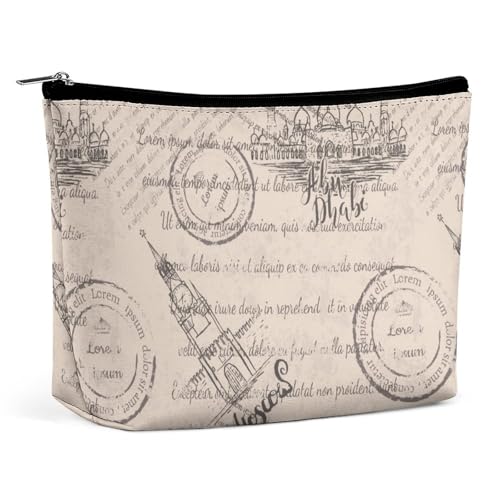 Trapezförmige Make-up-Tasche für Damen, Kosmetiktasche, Vintage-Stil, London, Stempel, Reise-Make-up-Organizer mit Reißverschluss, Stil:, Einheitsgröße von QTAVETEND