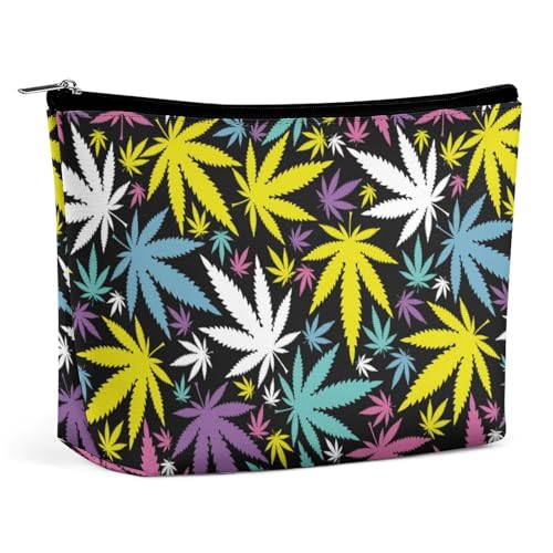 Trapezförmige Make-up-Tasche für Damen, Kosmetiktasche, farbige Cannabisblätter, Reise-Make-up-Organizer mit Reißverschluss, Stil:, Einheitsgröße von QTAVETEND