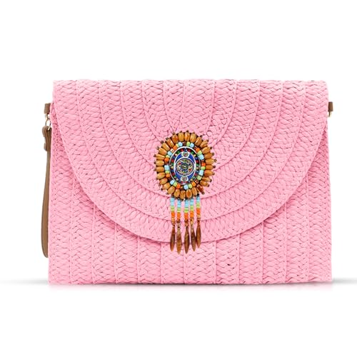 Bohemian-Clutch-Geldbörsen für Damen, Strandtasche, Crossbody-Taschen, handgewebter Strohumschlag, Sommer-Schultertasche, Pink, Einheitsgröße von QTKJ