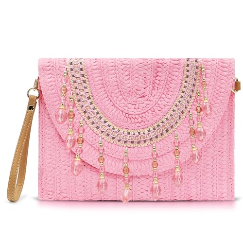 Bohemian-Clutch für Damen, Quasten, Strandtasche, Crossbody-Taschen, handgewebter Strohumschlag, Sommer-Umhängetasche, geeignet für Urlaub, Reisen, Alltag, Pink, Einheitsgröße von QTKJ