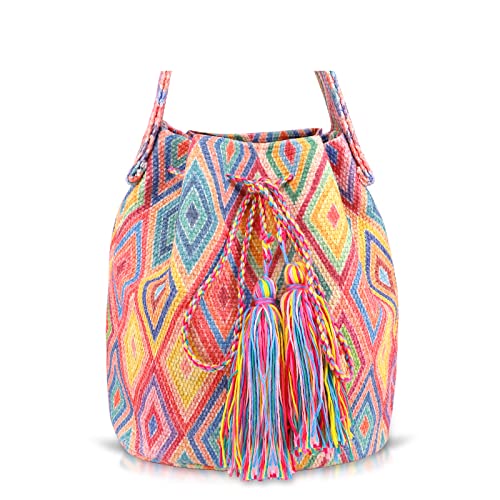 Canvas Crossbody Taschen für Frauen, Quasten Kordelzug Eimer Tasche, böhmische Handtasche, bunte karierte Tragetasche große Kapazität Reise Umhängetasche, Mehrfarbig von QTKJ