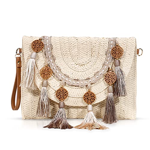 QTKJ Crossbody-Taschen für Damen, Clutch-Geldbörsen, Stroh-Strandtasche, böhmische handgefertigte gewebte Geldbörse, Quasten-Handtaschen für Frauen, Urlaub, Reisen (Beige), Beige von QTKJ